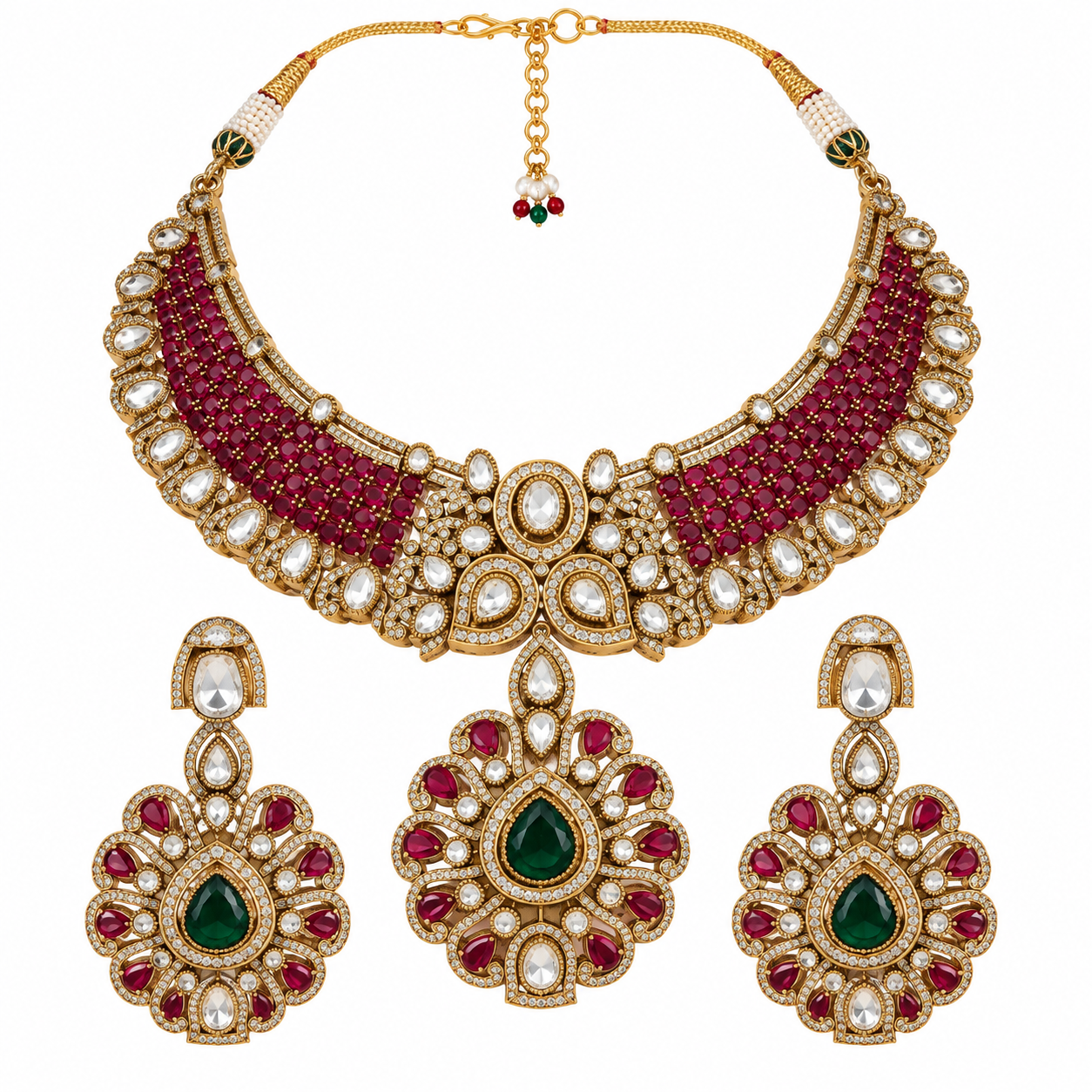 Ruby Green Stone Statement Necklace Set