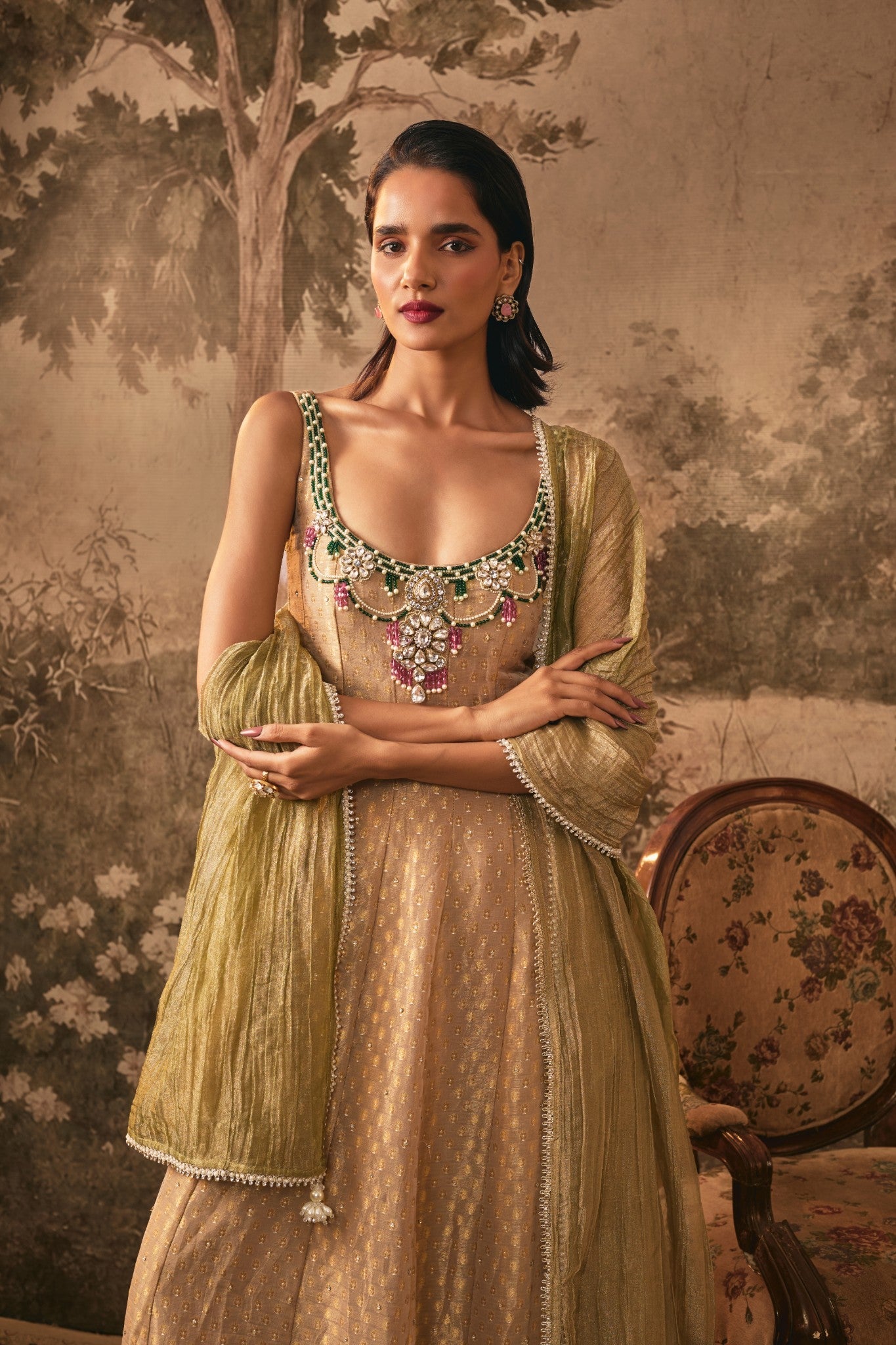 Muted Nude Gold Embellished Anarkali Set