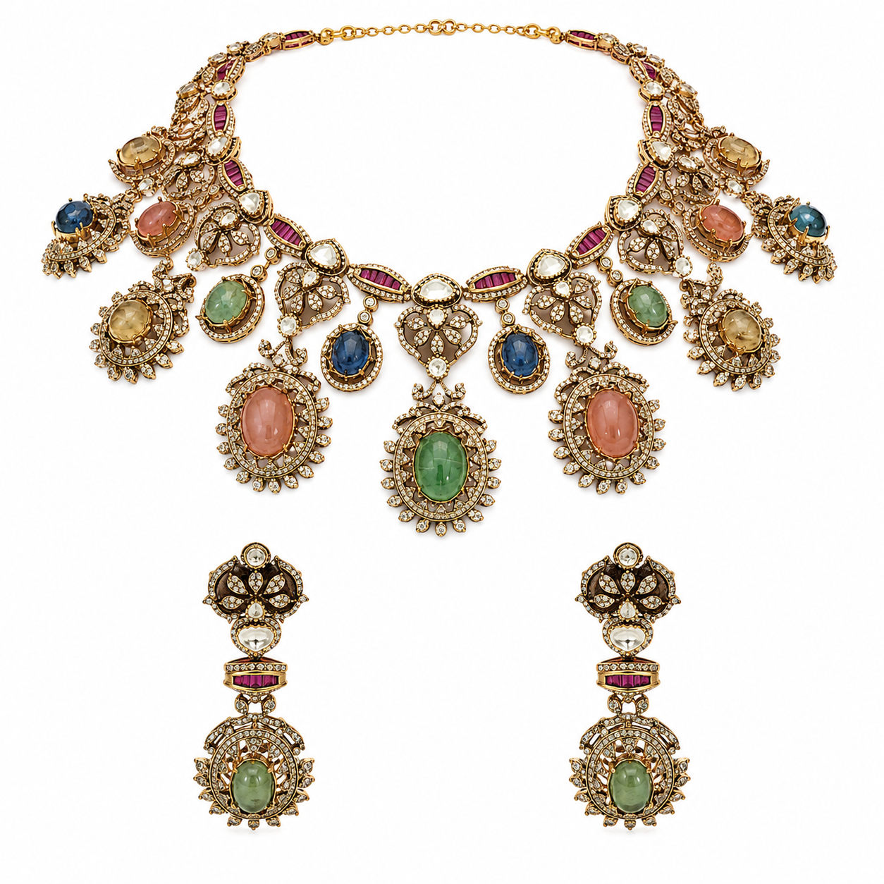 Multicolour Semi-Precious Stone Moissanite Necklace Set