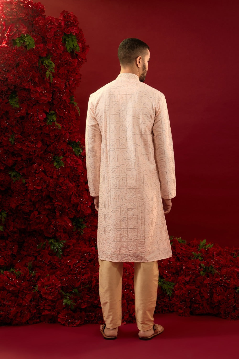 Baby pink silk kurta pajama with hand and machine work