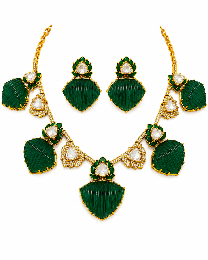 Emerald Green Kundan Lotus Statement Necklace Set with earring