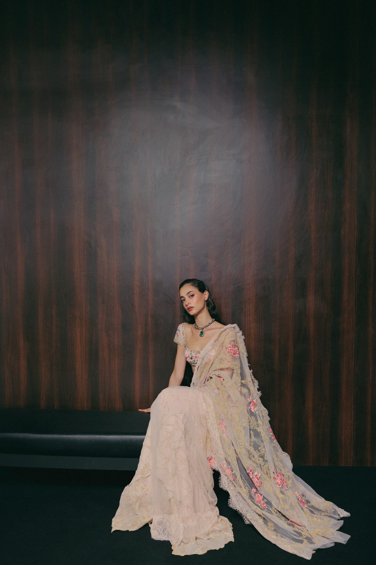 Floral & Zardosi Embroidery, Silk Georgette & Tulle with French Lace, Stitched Saree Set, Blouse Silhouette