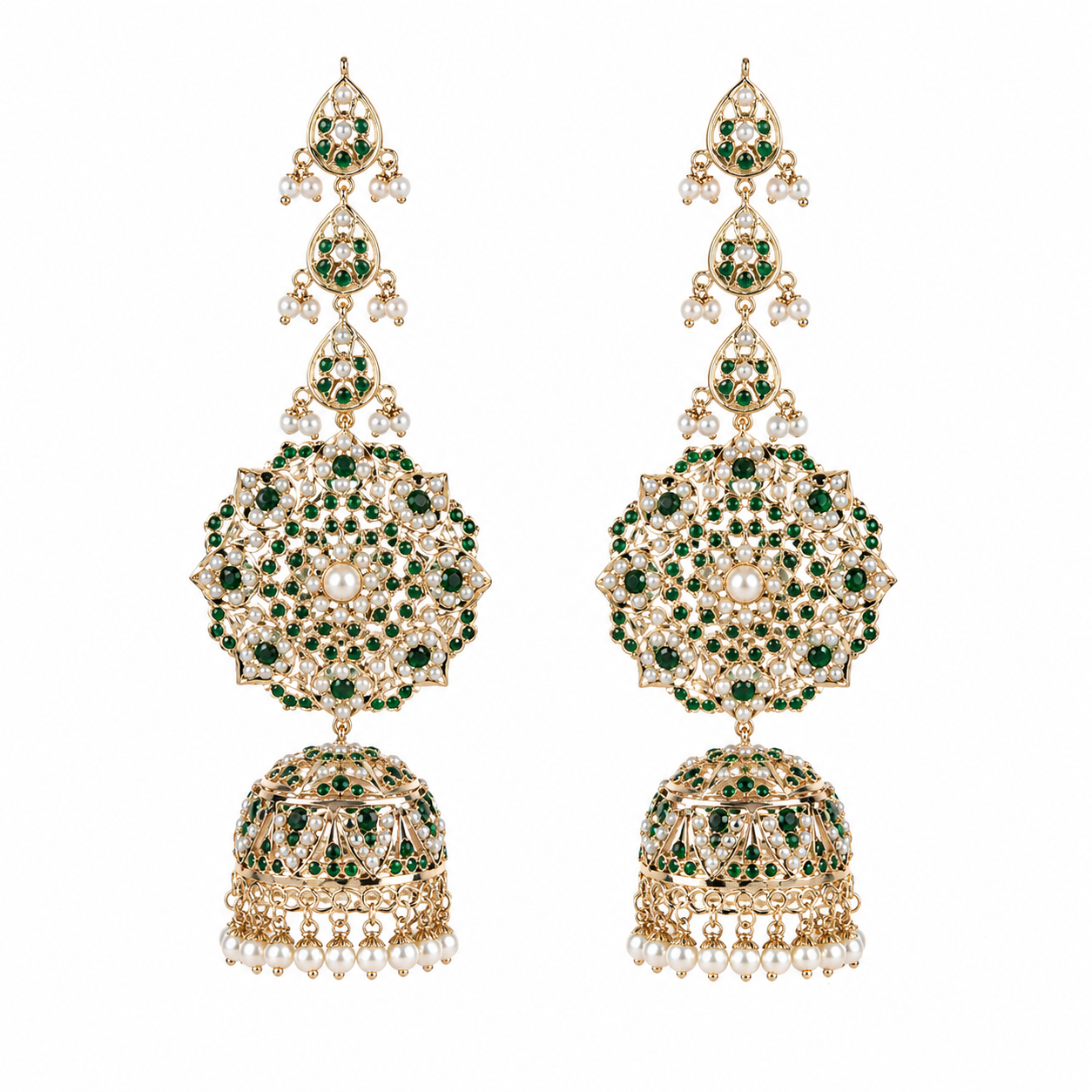Emerald Green Stone Jadau Pearl Jhumka Earrings