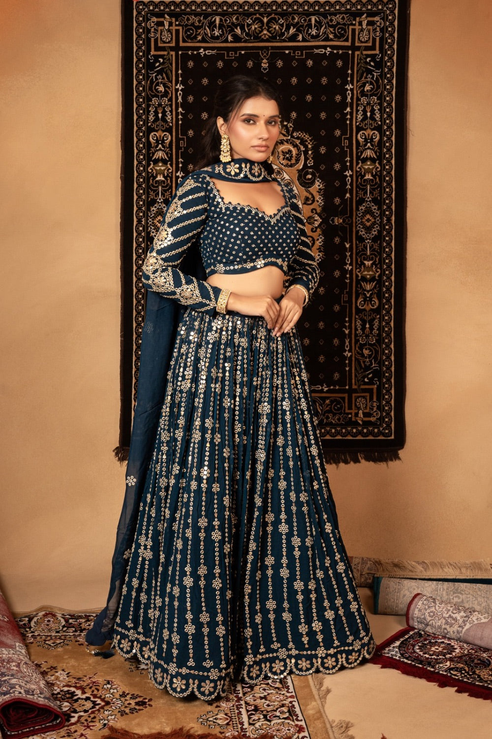 Dark Blue georgette lehenga choli with foil mirror work