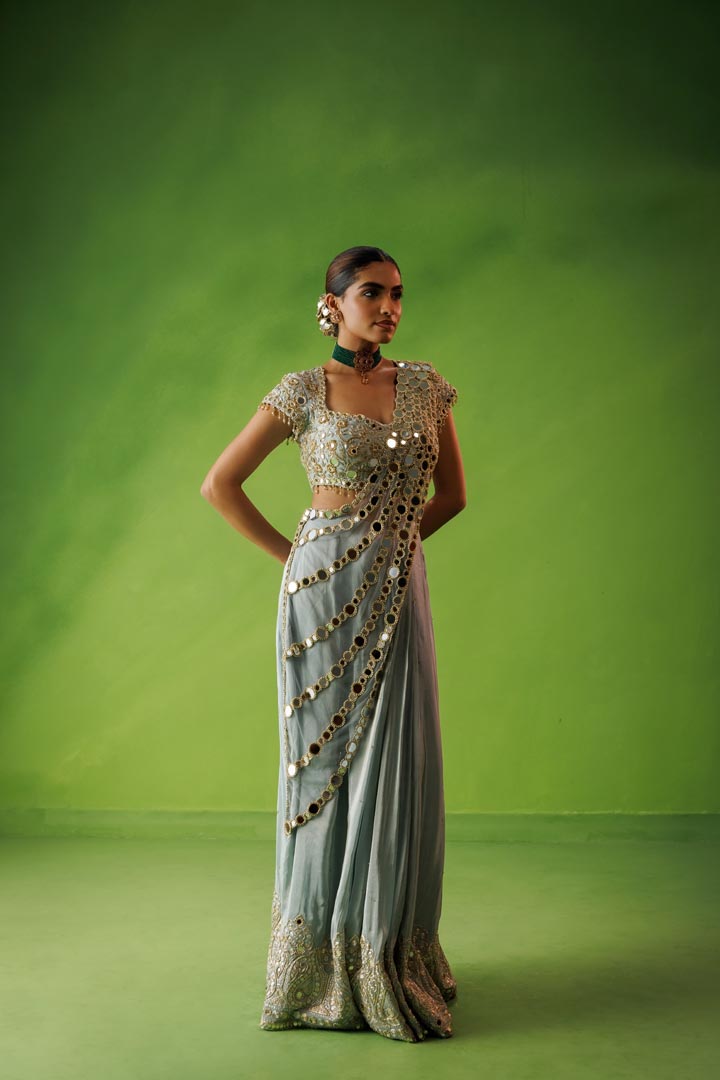 Powder blue mirror drape saree set