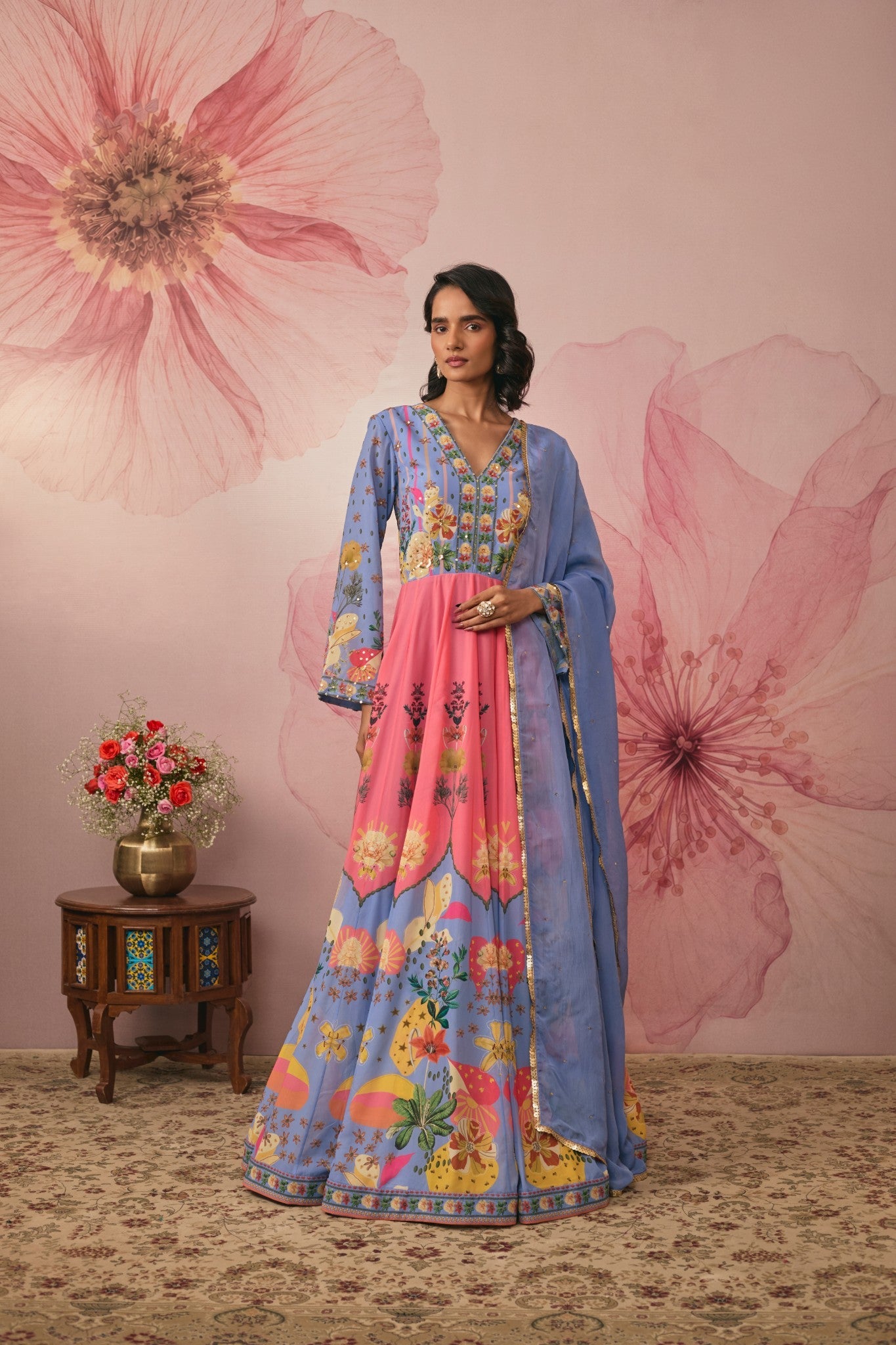 LILAC FLORAL PRINTED COLOR BLOCK GOWN