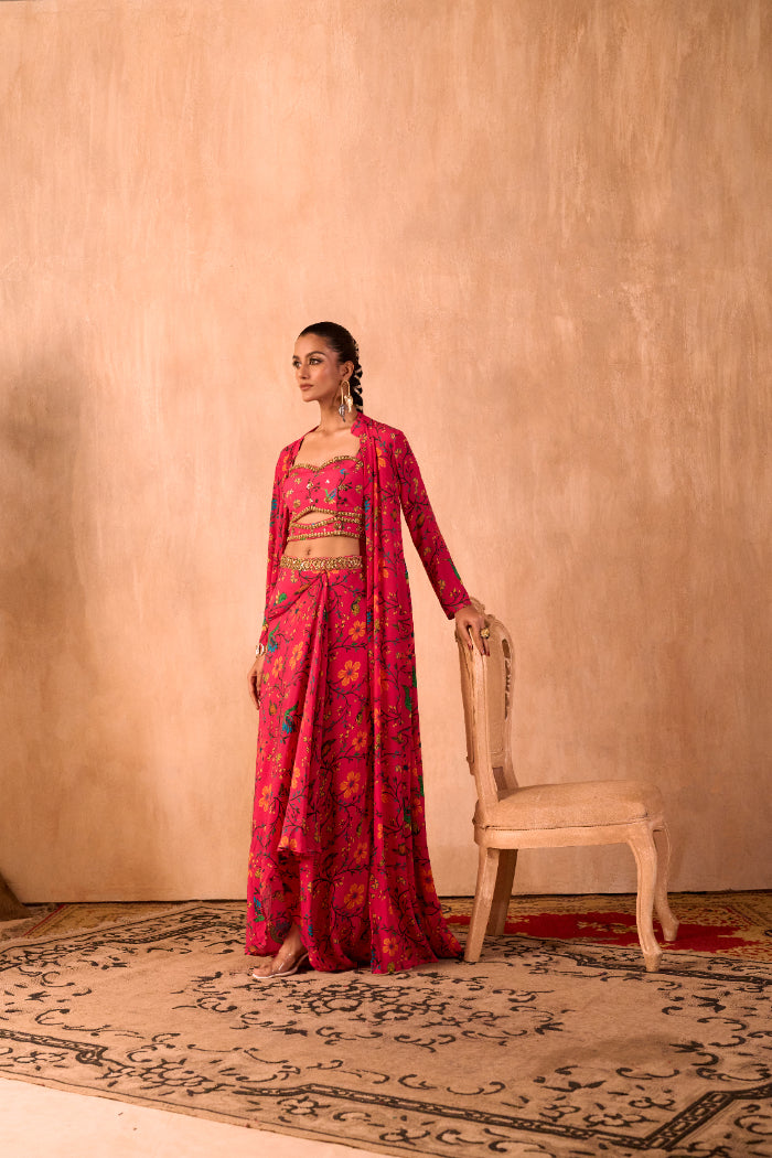 PINK PRINT EMBROIDERED CHOLI, DRAPED SKIRT AND JACKET SET - image 3
