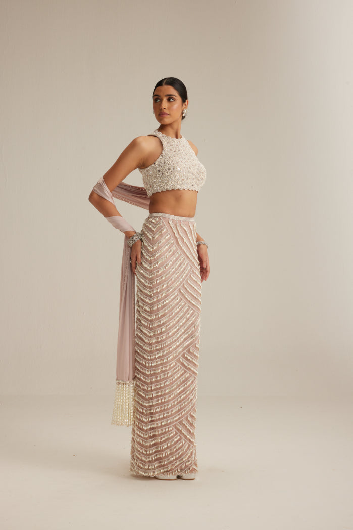 Ash Pink Pearl Drop Pencil Skirt Set