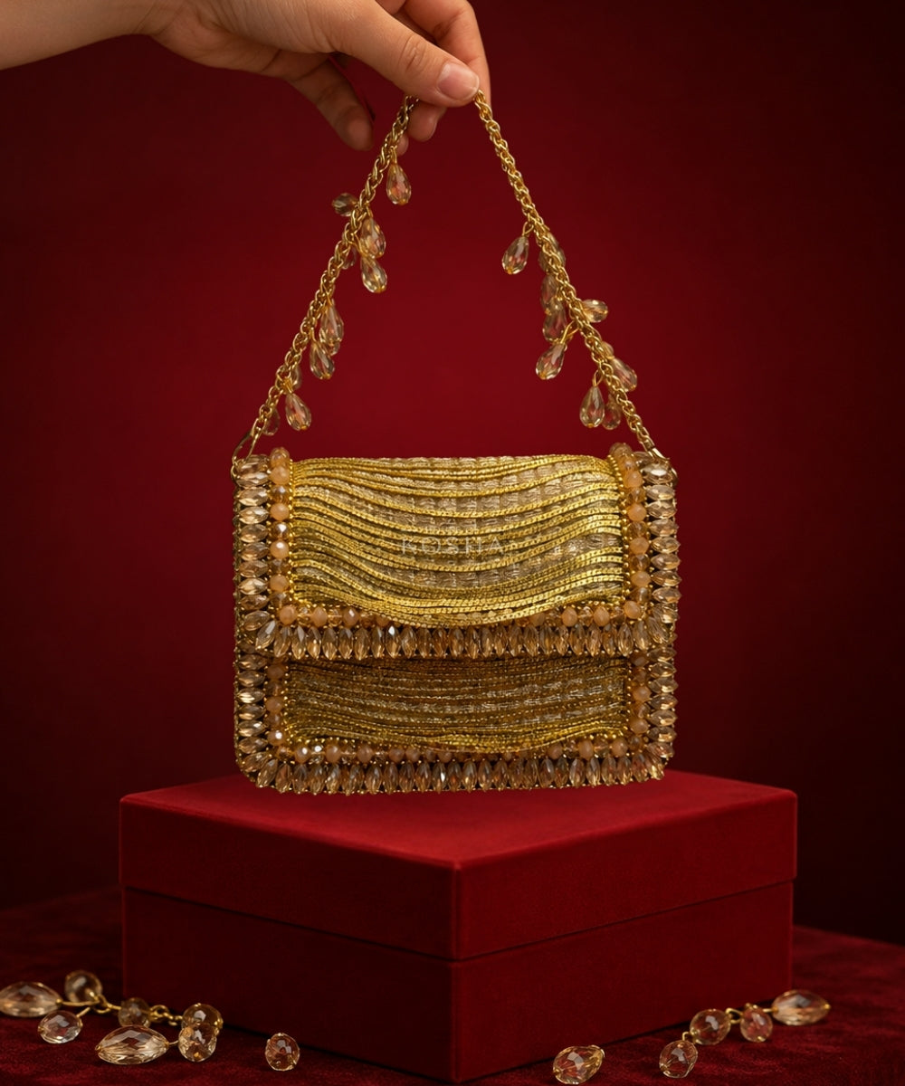 Elif Gold Georgette Embellished Clutch