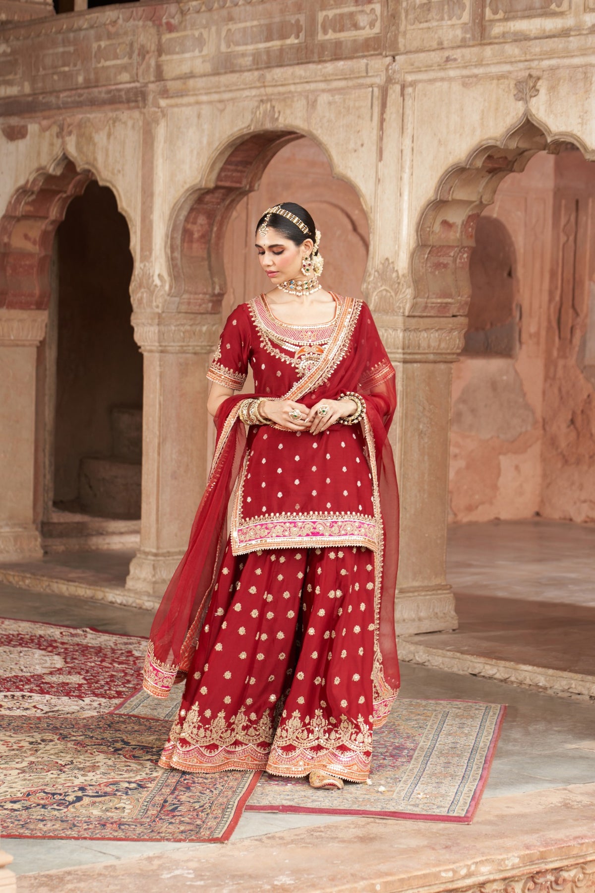 Deep Red Banarasi Short Kurta and Sharara Set with Dupatta