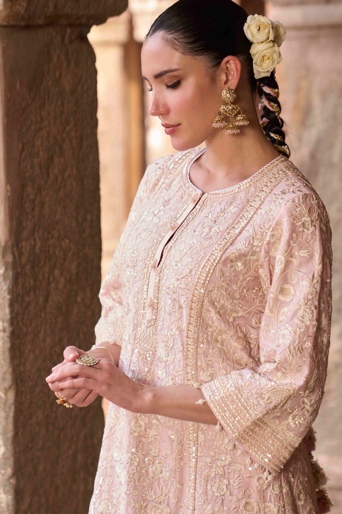 Pink Silk Chanderi Short A-Line Kurta Set with Dupatta