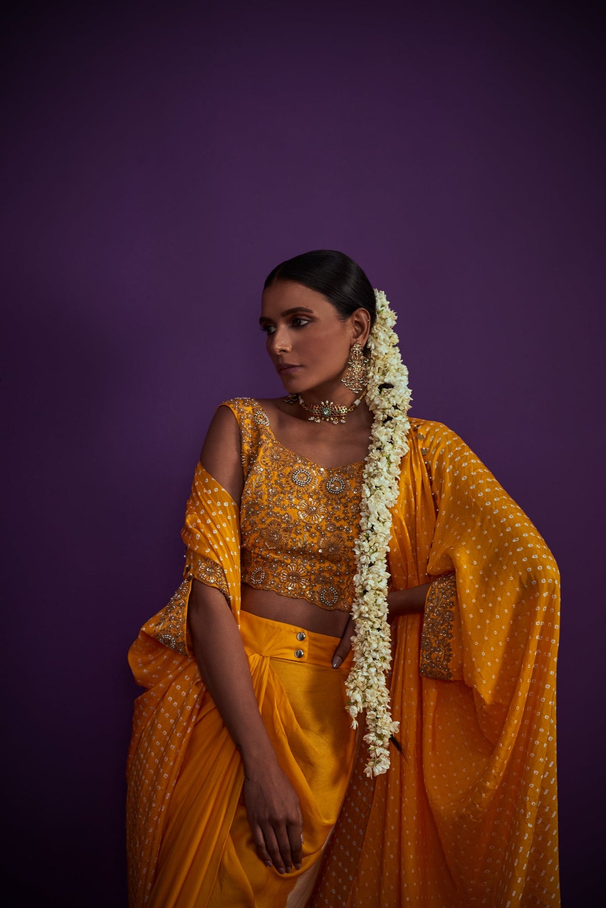 Bandhani Cape Set With Heavily Embroidered Crop Top