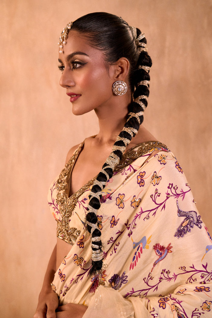 IVORY PRINT EMBROIDERED CHOLI WITH PRE DRAPED RUFFLE SARI SET - image 3