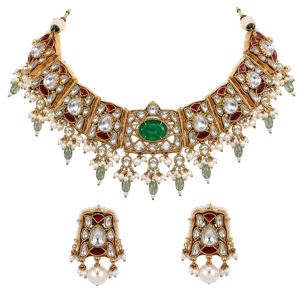 Sage Green Semi-Precious Stone Kundan Choker Set with Ruby Accents & Pearl Drops