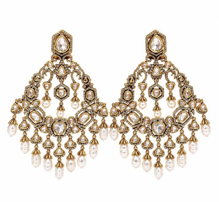 Polki Chandelier Earring with Pearl Drops