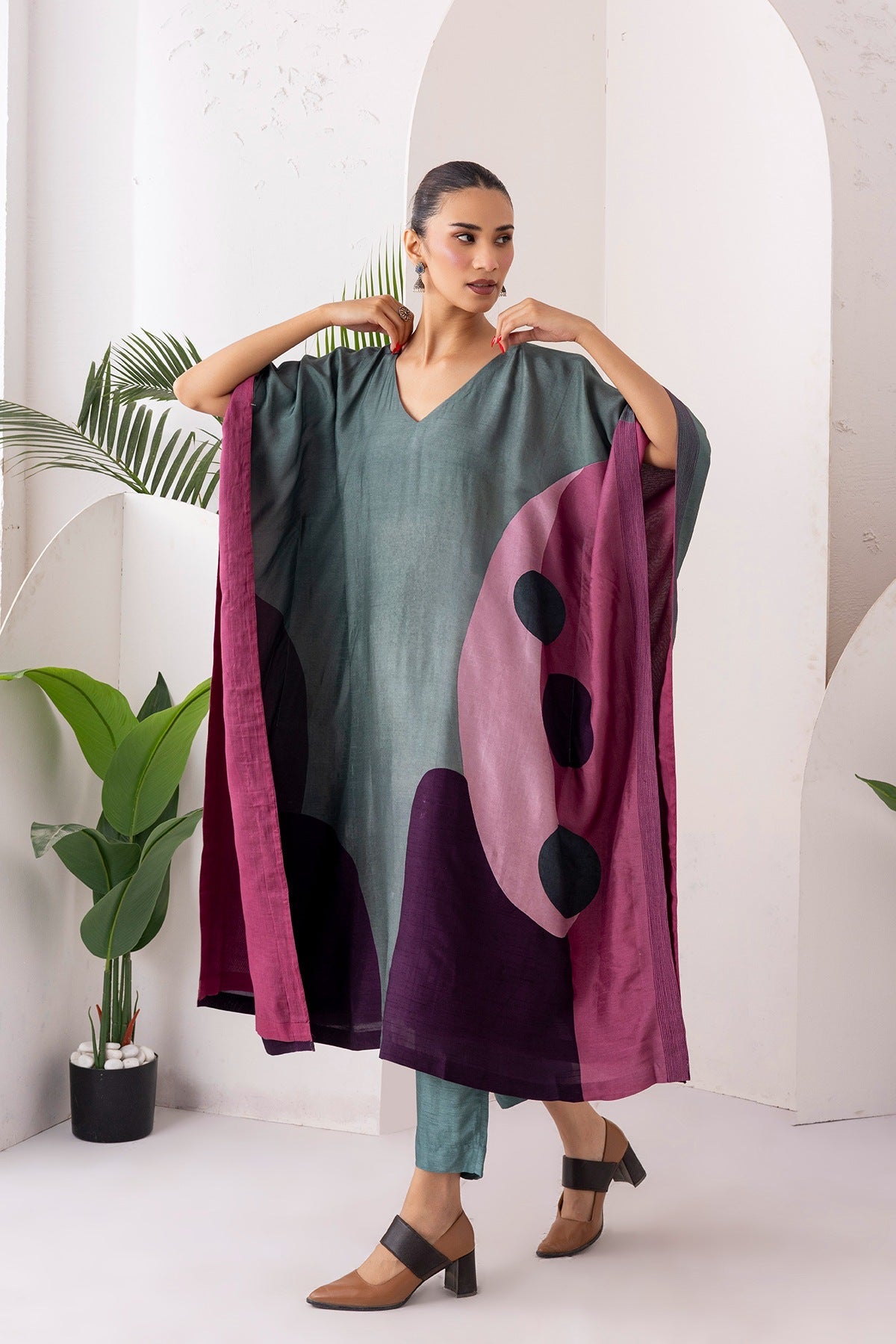 Sage Green & Salmon Pink Viscose Dupion Printed Kaftan Set (2 PCS)