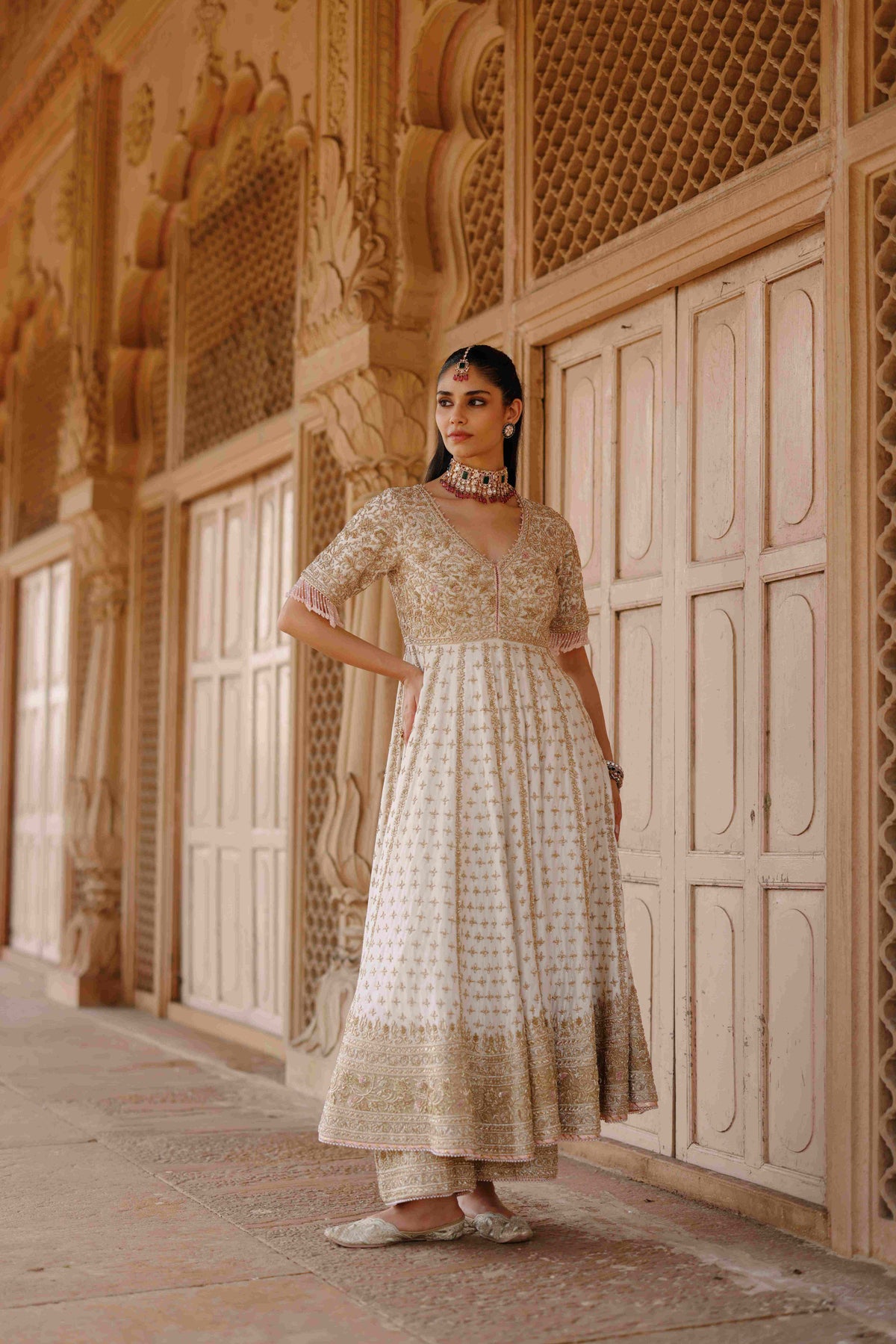 Daisy Ivory Pure Silk Chanderi Kalidaar Anarkali Suit Set
