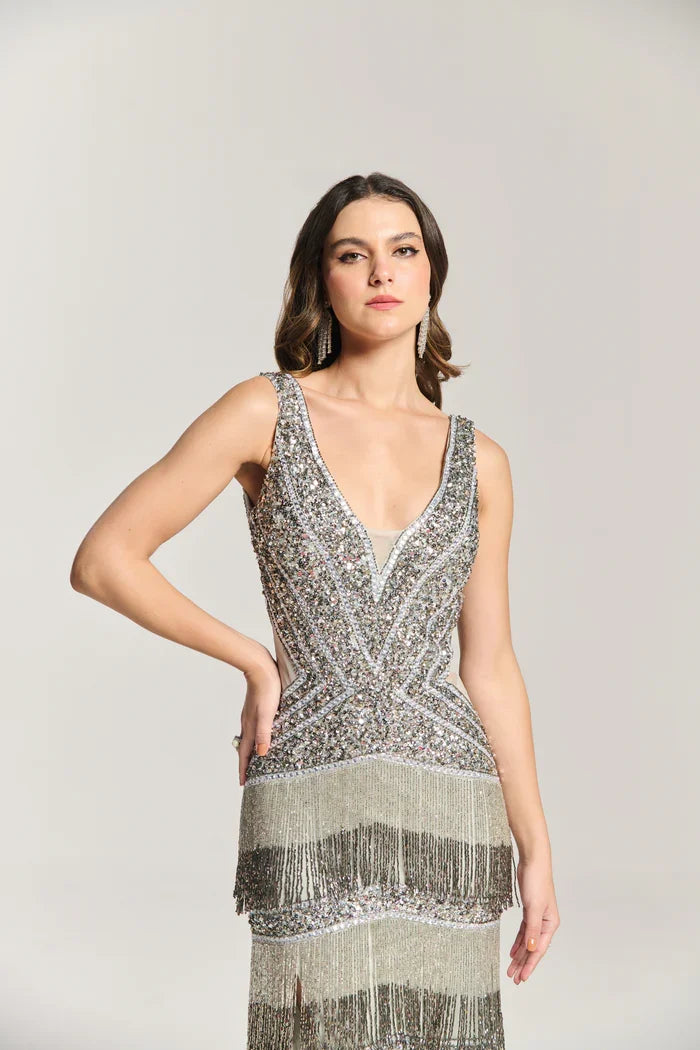 Silver Beaded V-Neck Maxi Dress - Glamorous Slit Evening Gown