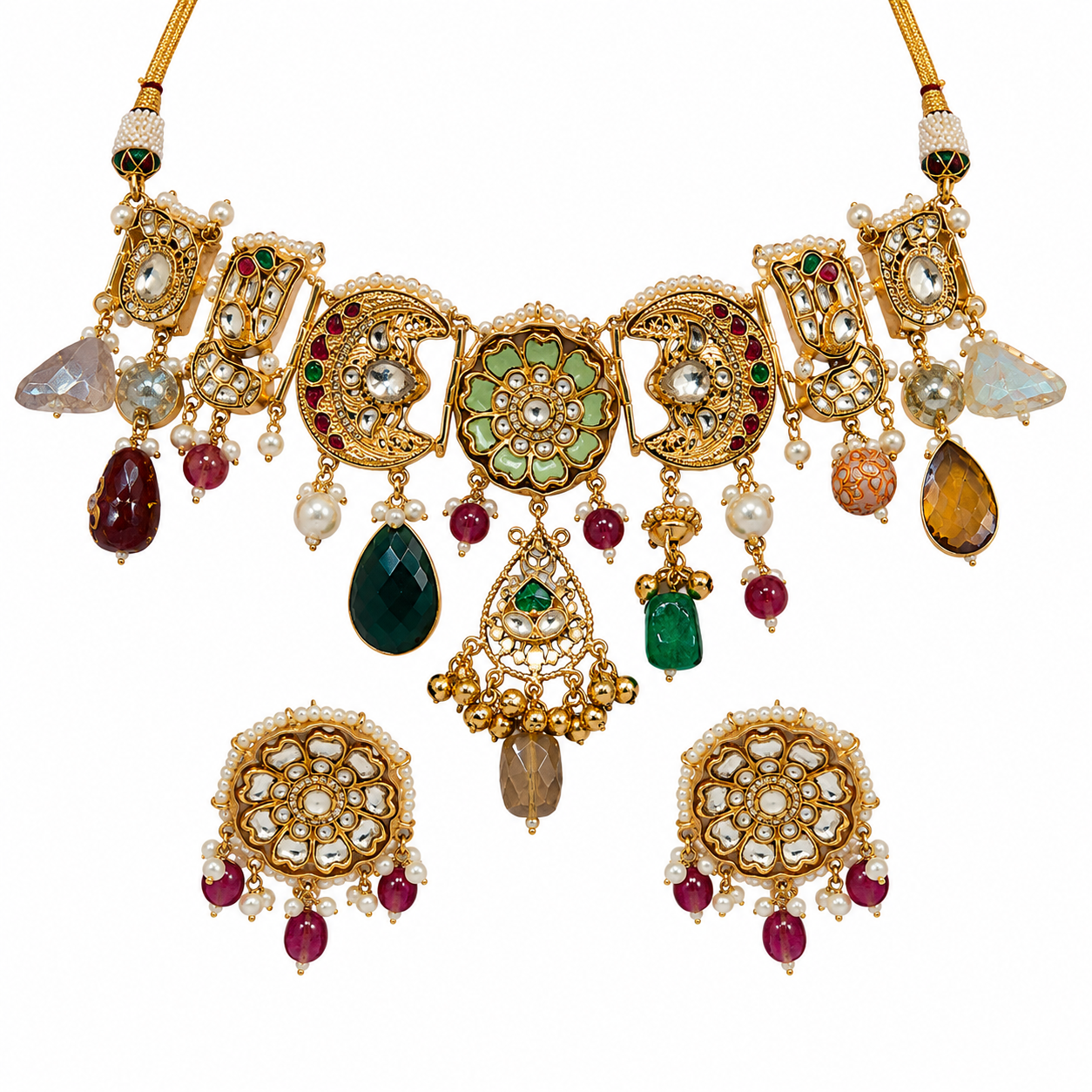 Handcrafted Multicolour Polki Charm Necklace Set