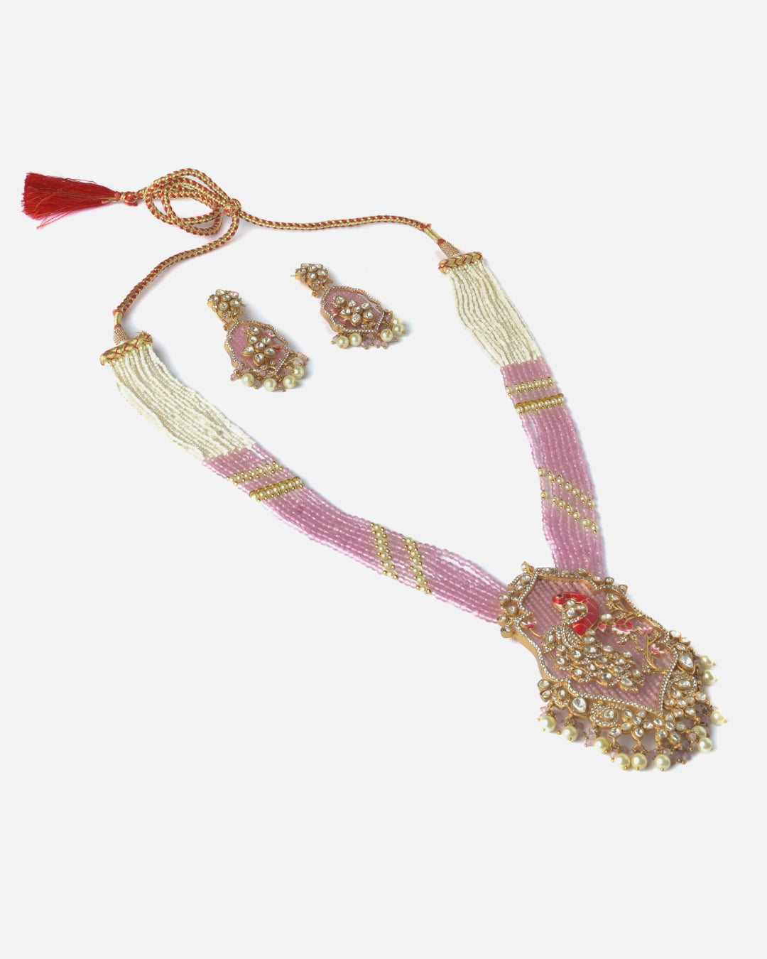 Moissanite Polki Pink Peacock Beaded Statement Necklace Set