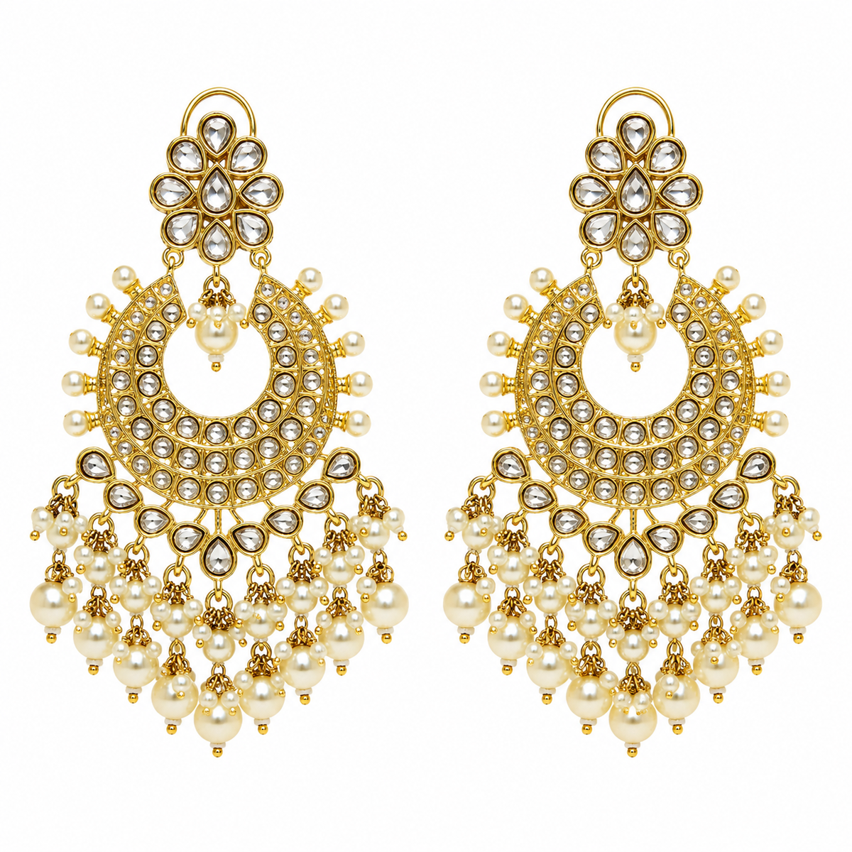 Polki Chandbali Earring with Pearl Drops