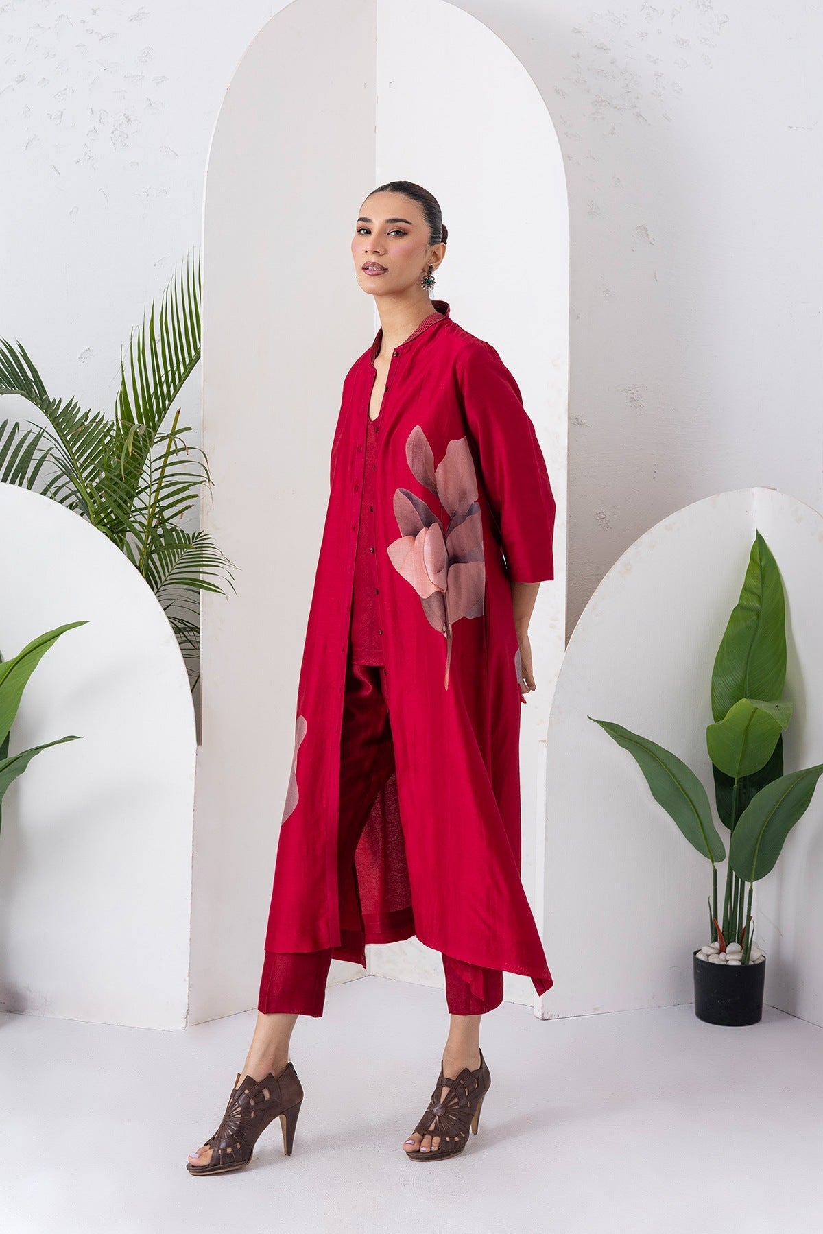 Maroon Silk Chanderi Leaf Printed Dress Set (3 PCS)