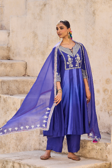 Neela Phool Anarkali Set