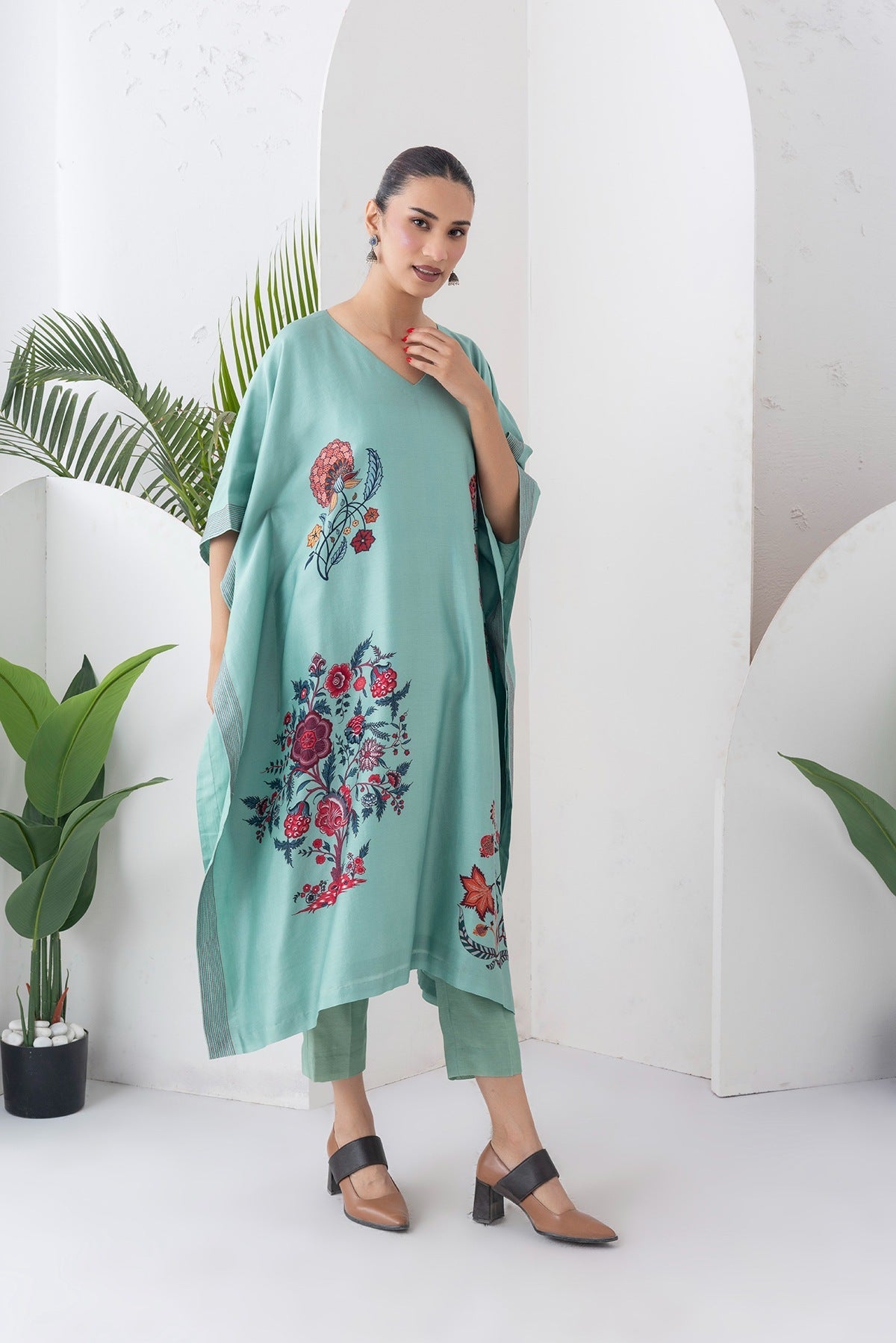 Mint Silk Chanderi Chintz Printed Kaftan Set (2 PCS)