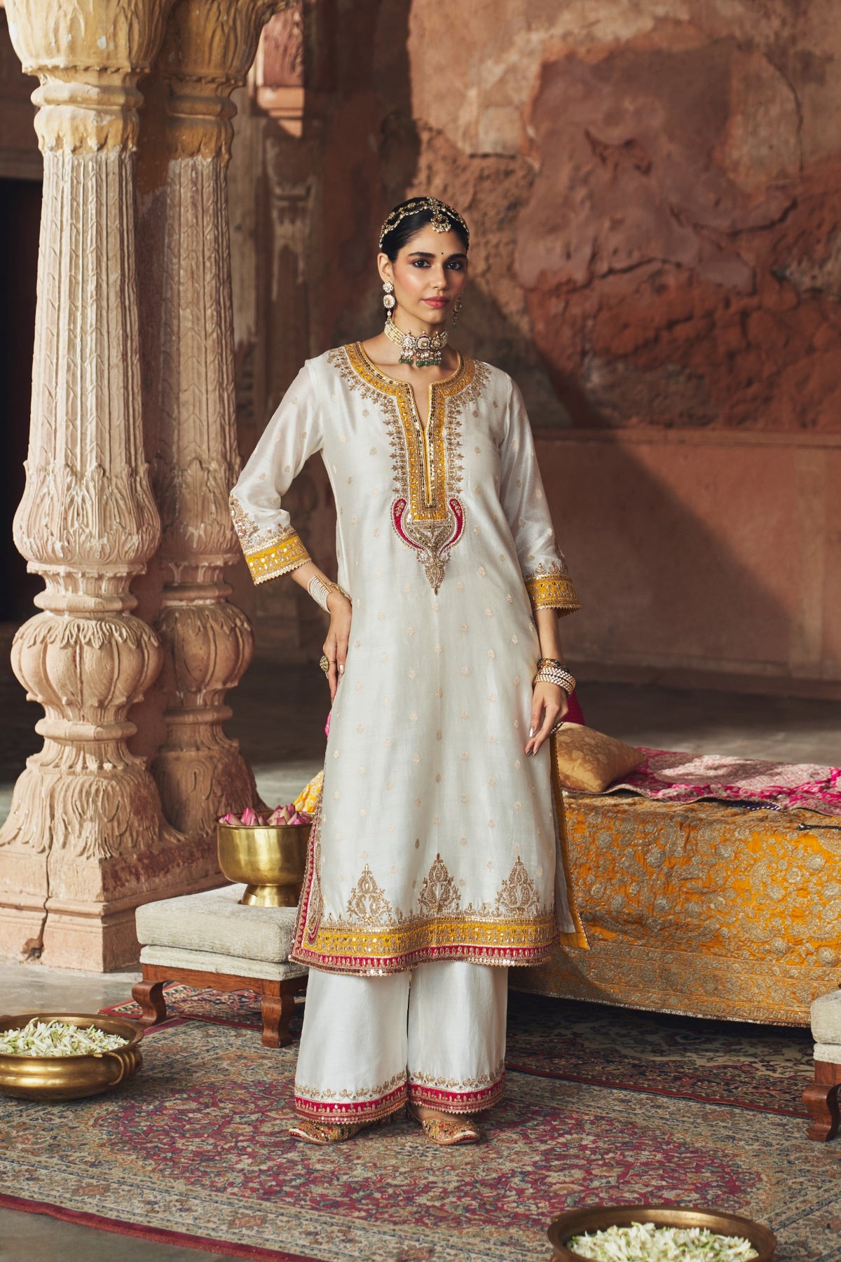 Daisy Ivory Embroidered Long Kurta Palazzo Set with Dupatta
