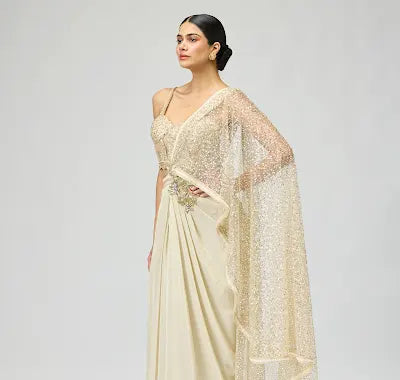 Ivory Viscose Tissue Saree Set with Bead Embroidery for Festive Wear