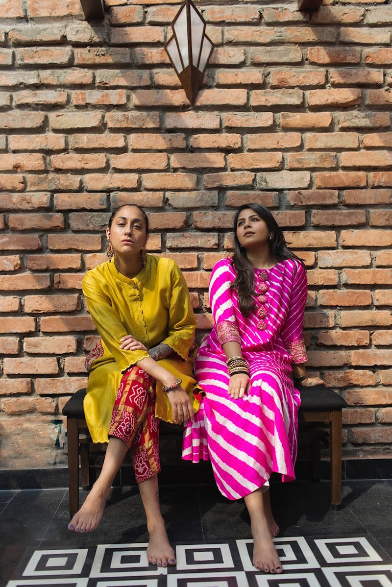 chanderi kurta with beautiful lotus embroidered motifs and gharchola pants