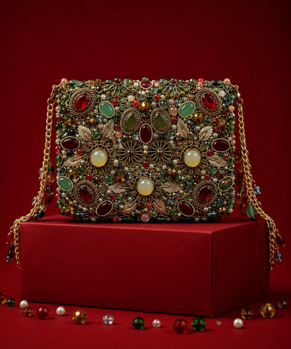 Noorani Multicolor Suede Embellished Clutch