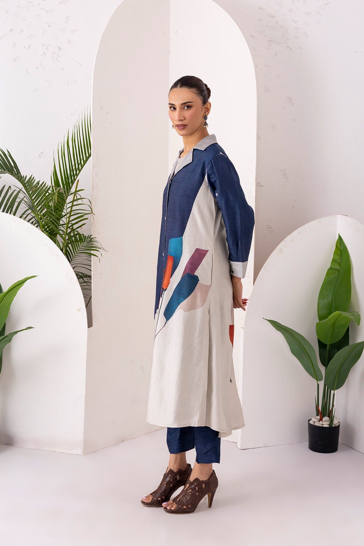 Blue & Ivory Silk Chanderi Printed Front Open Dress Set (3 PCS)