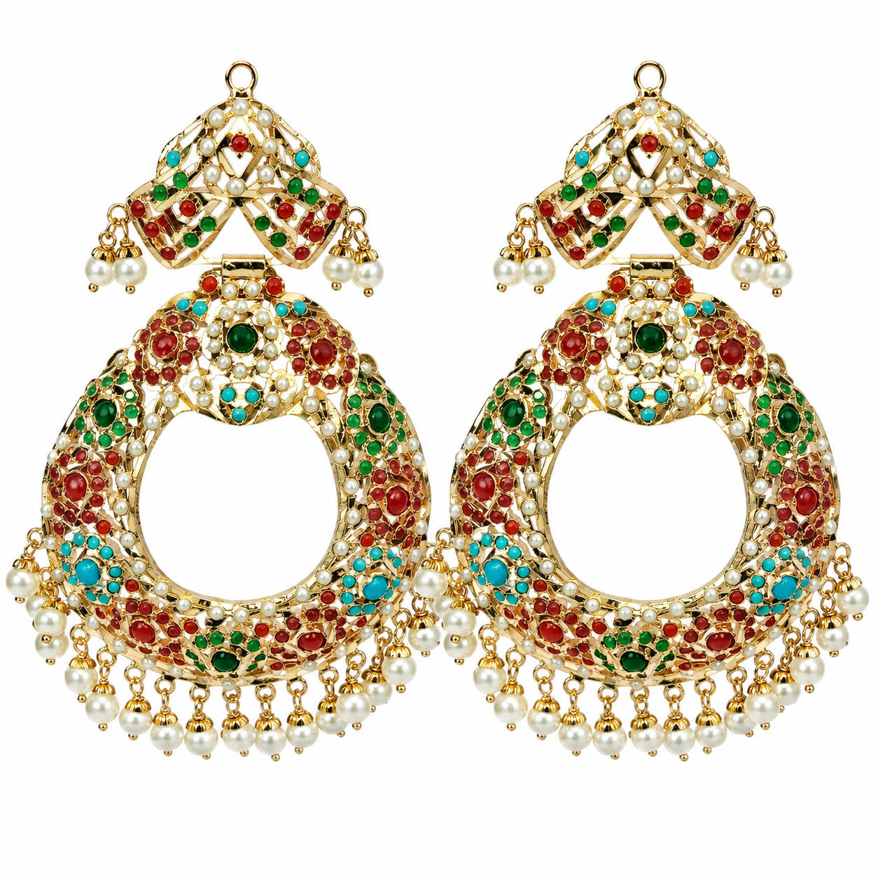 Multicolour Jadau Pearl Chandbali Earrings