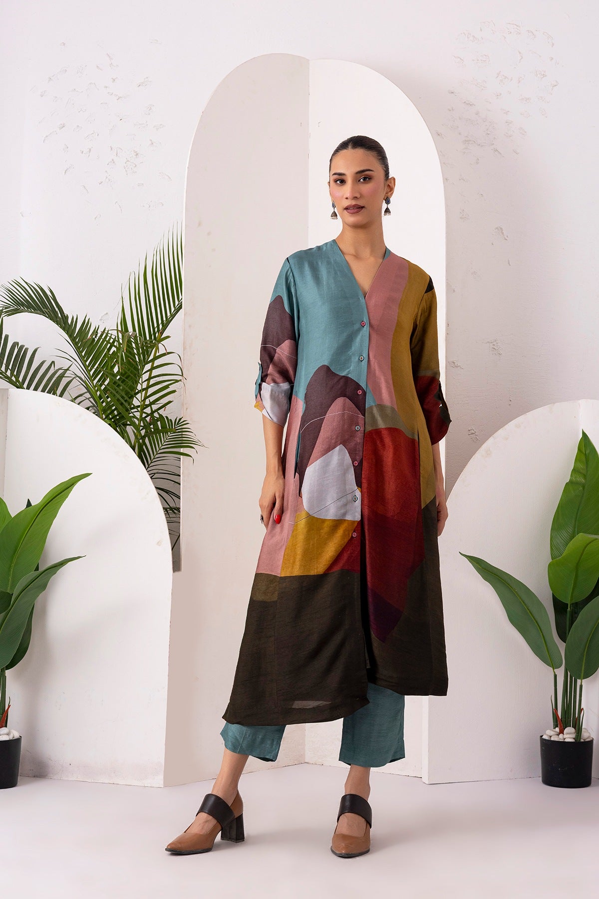 Multicoloured Viscose Dupion Printed Dress Set (2 PCS)
