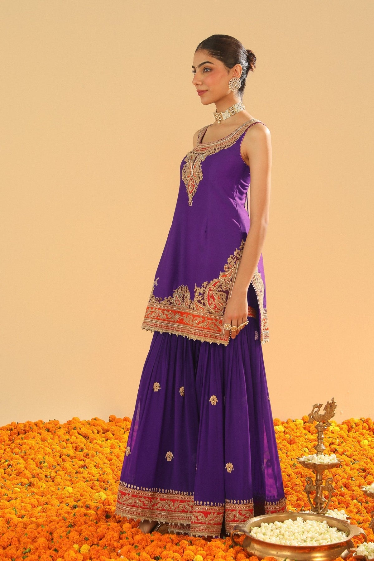 Maziyah - Deep Purple Short Kurta with Garara and Dupatta
