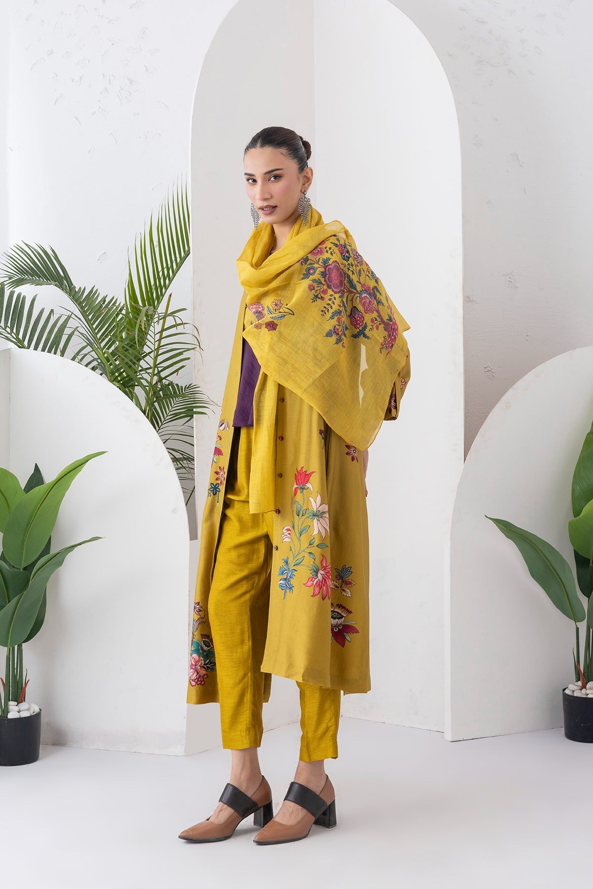 Mustard Silk Chanderi Printed High-Low Dress Set (3 PCS)