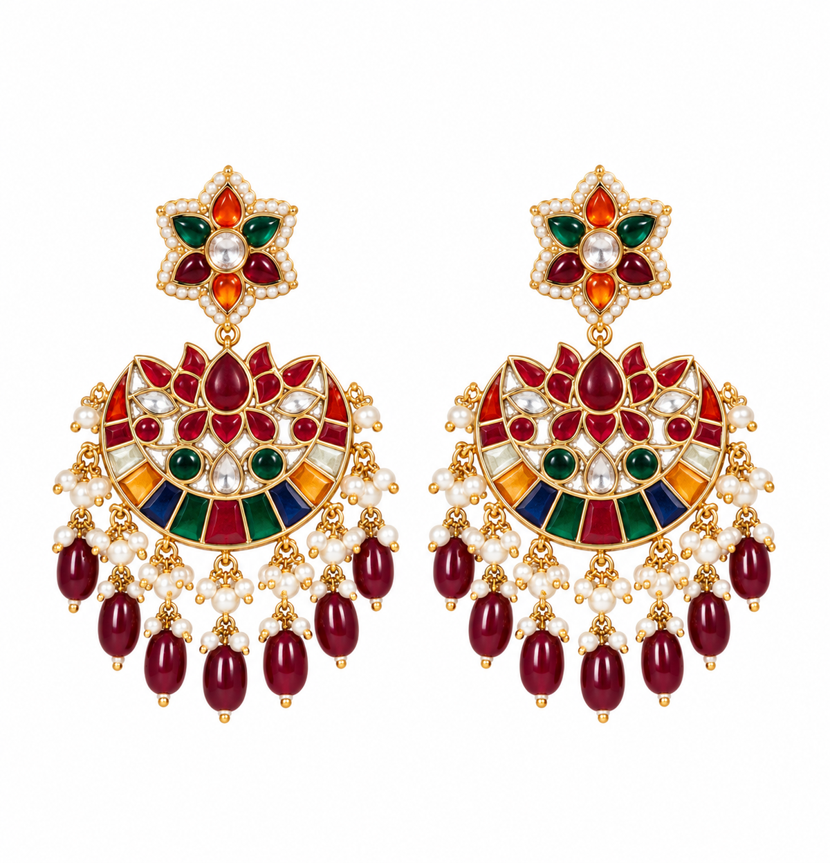 Multicolor Kundan Pearl Chandbali Earrings