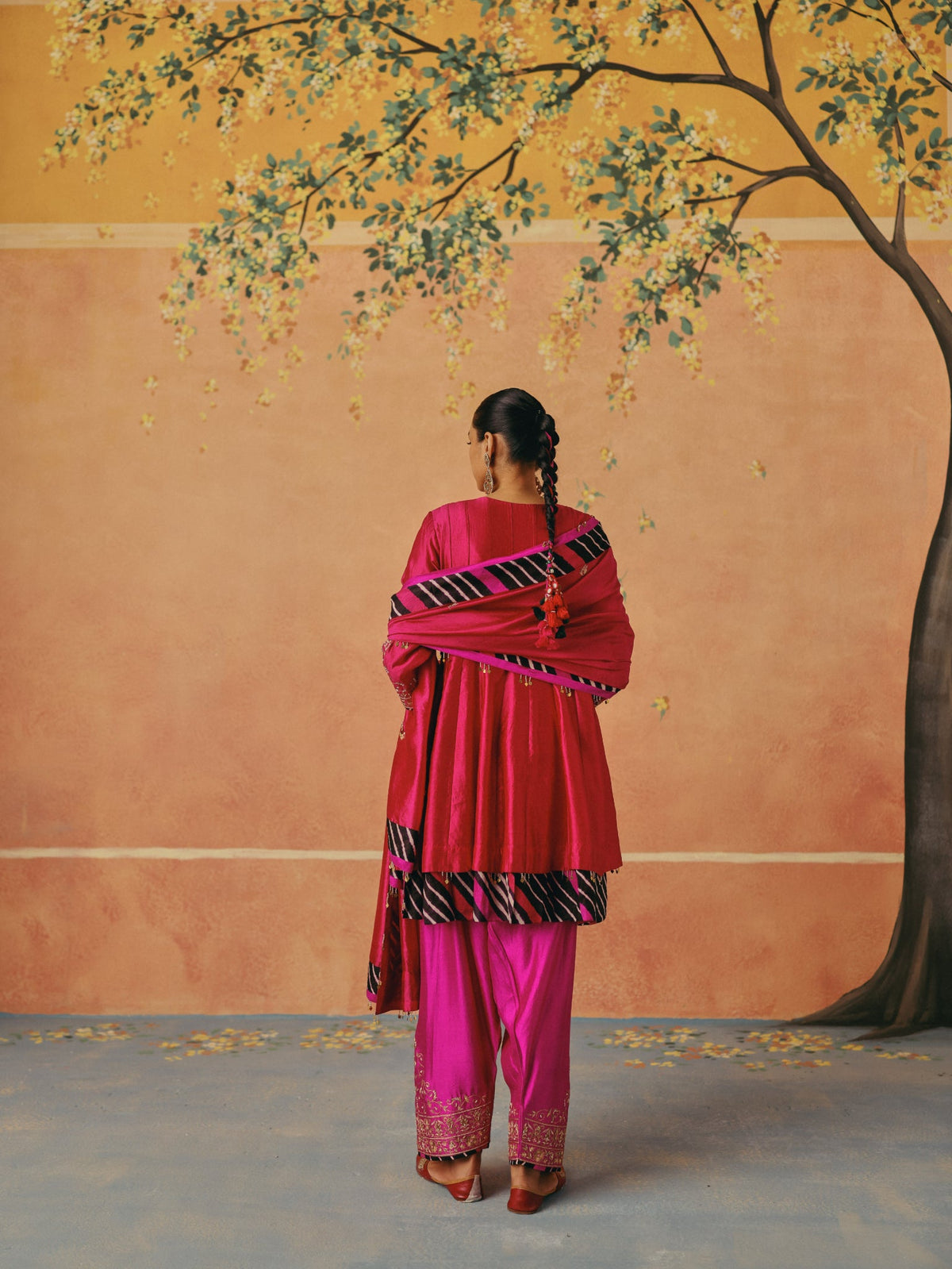 Red and Rani Leheriya Layered Anarkali