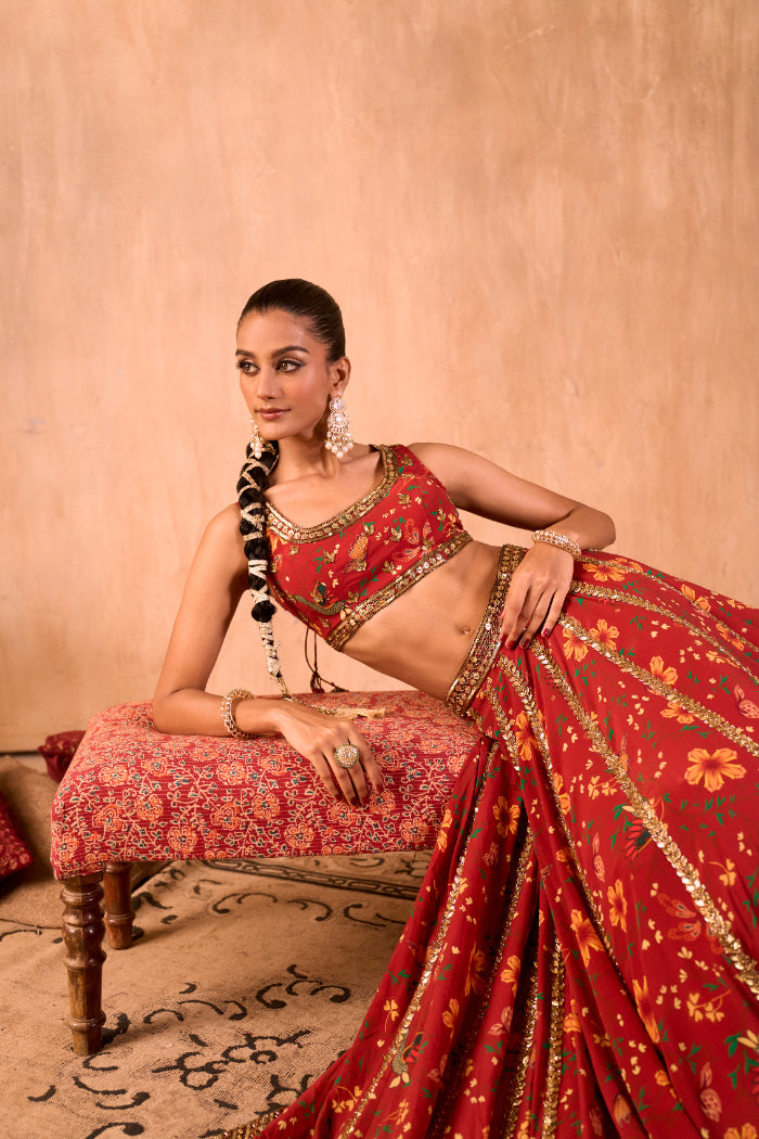 RED PRINT EMBROIDERED CHOLI, LEHENGA AND DUPATTA SET - image 3