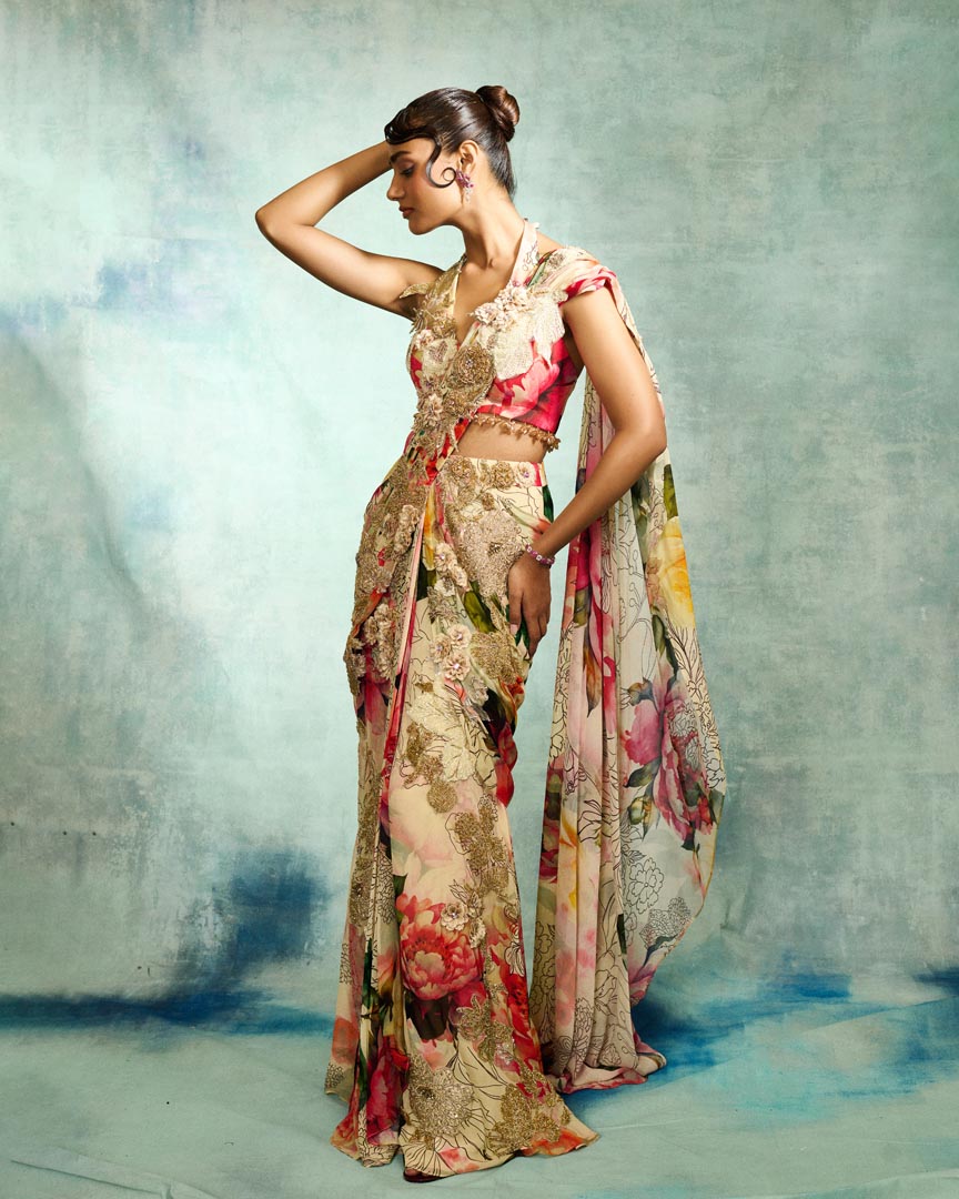 MULTICOLORED PRE DRAPED SAREE SET
