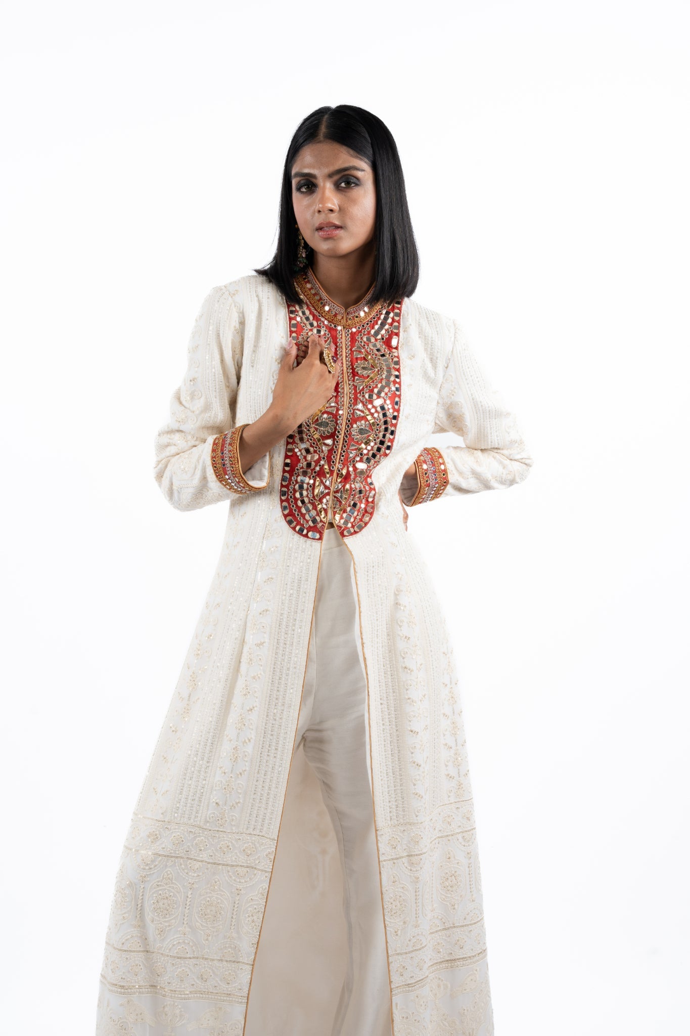 Ivory Embroidered Long Jacket Set