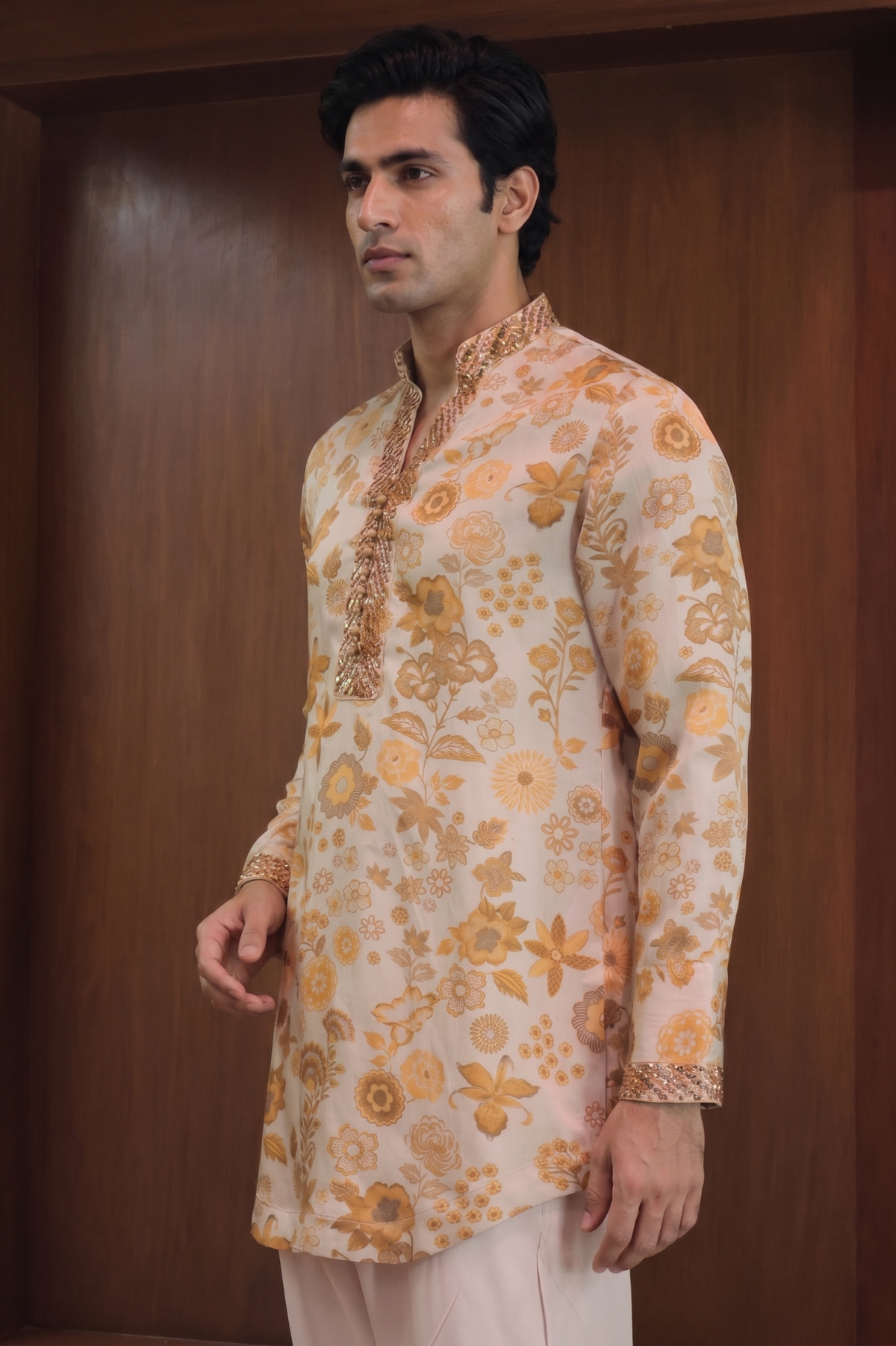 Black & Gold Floral Linen Satin Kurta