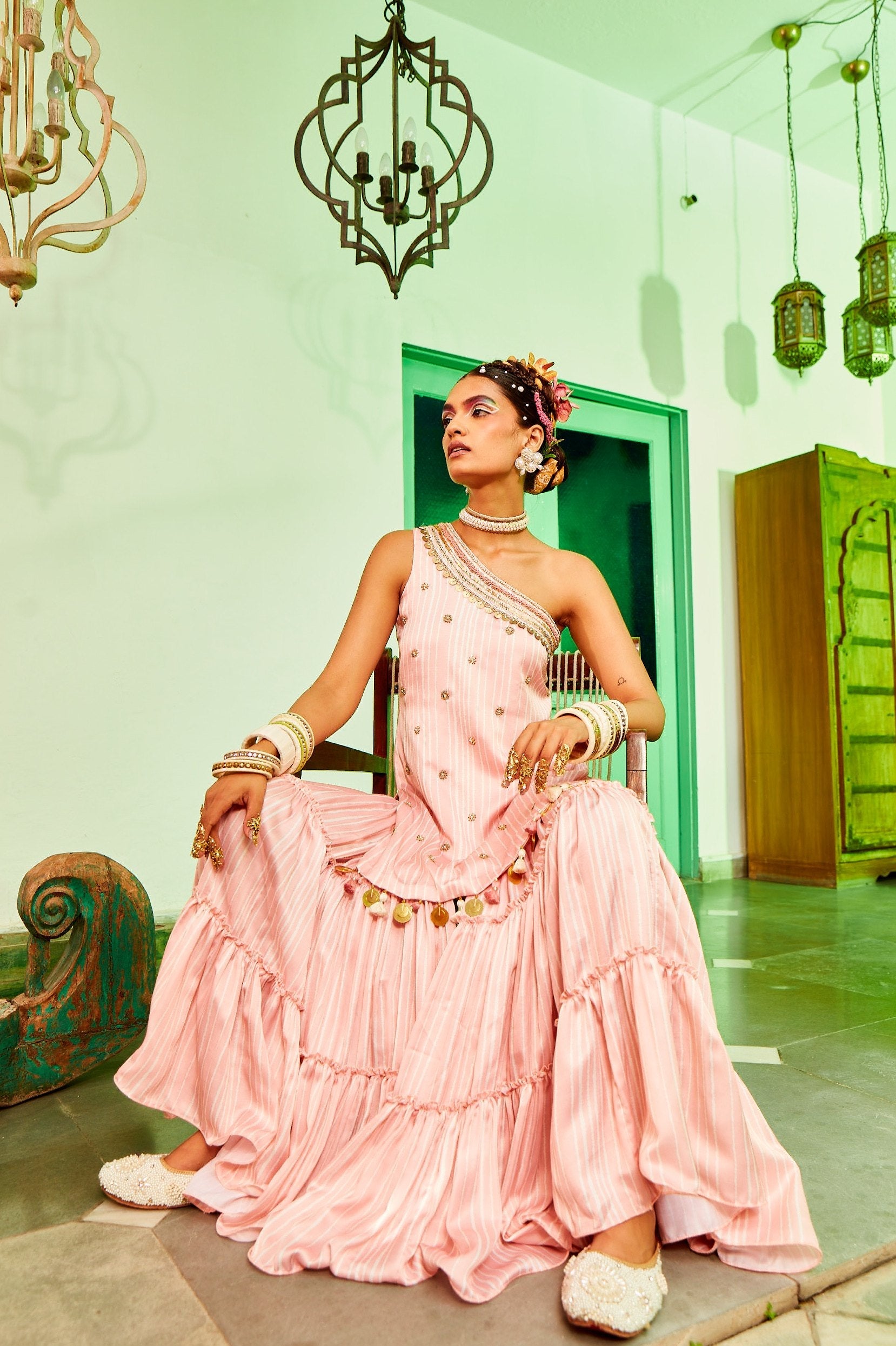 One Shoulder Kurta With Teired Sharara
