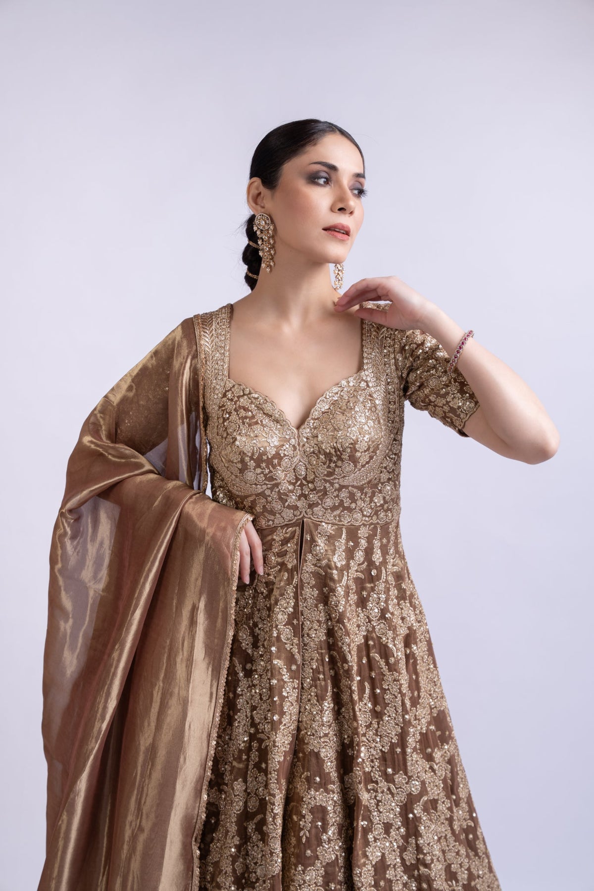 Regal Gold Embroidered Lehenga Set with Cape & Dupatta