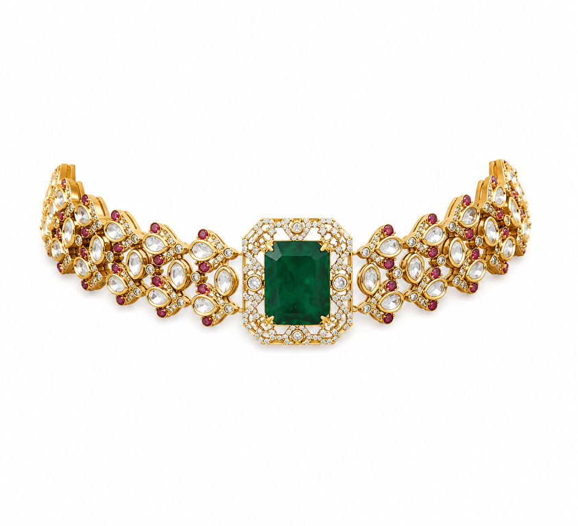 Emerald Green Polki Choker Necklace Set with Statement Earring
