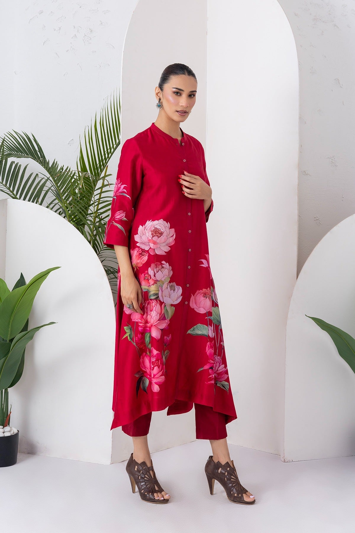 Maroon Silk Chanderi Printed Front Open Dress Set (3 PCS)