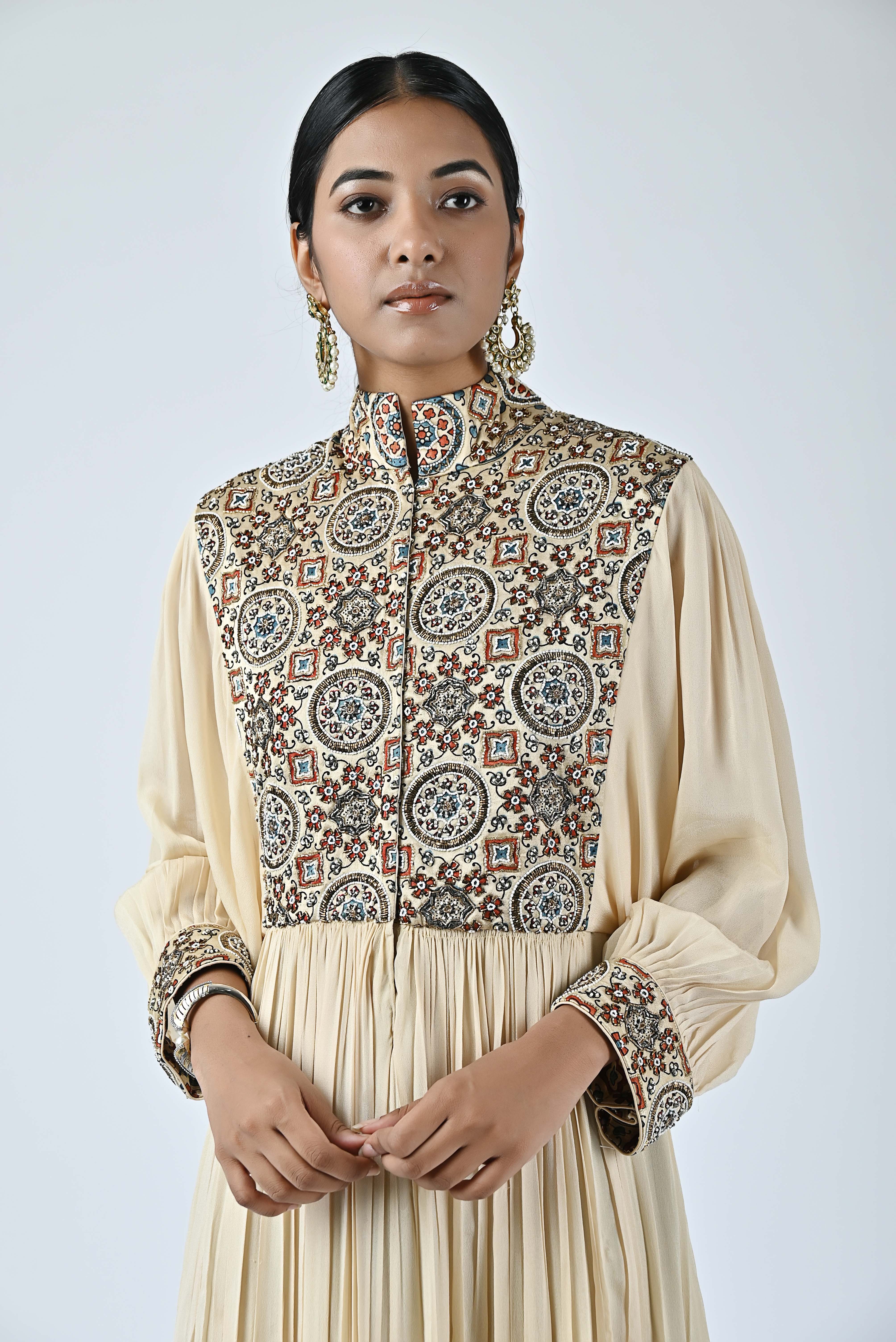 beige ajrakh embellished butterfly sleeve gathered dress