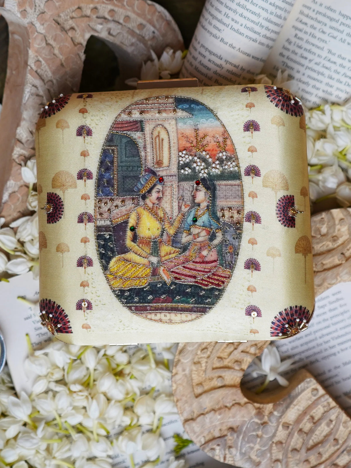 Ivory Indian Miniature Art Printed Embroidered Clutch Bag with Gold Detail
