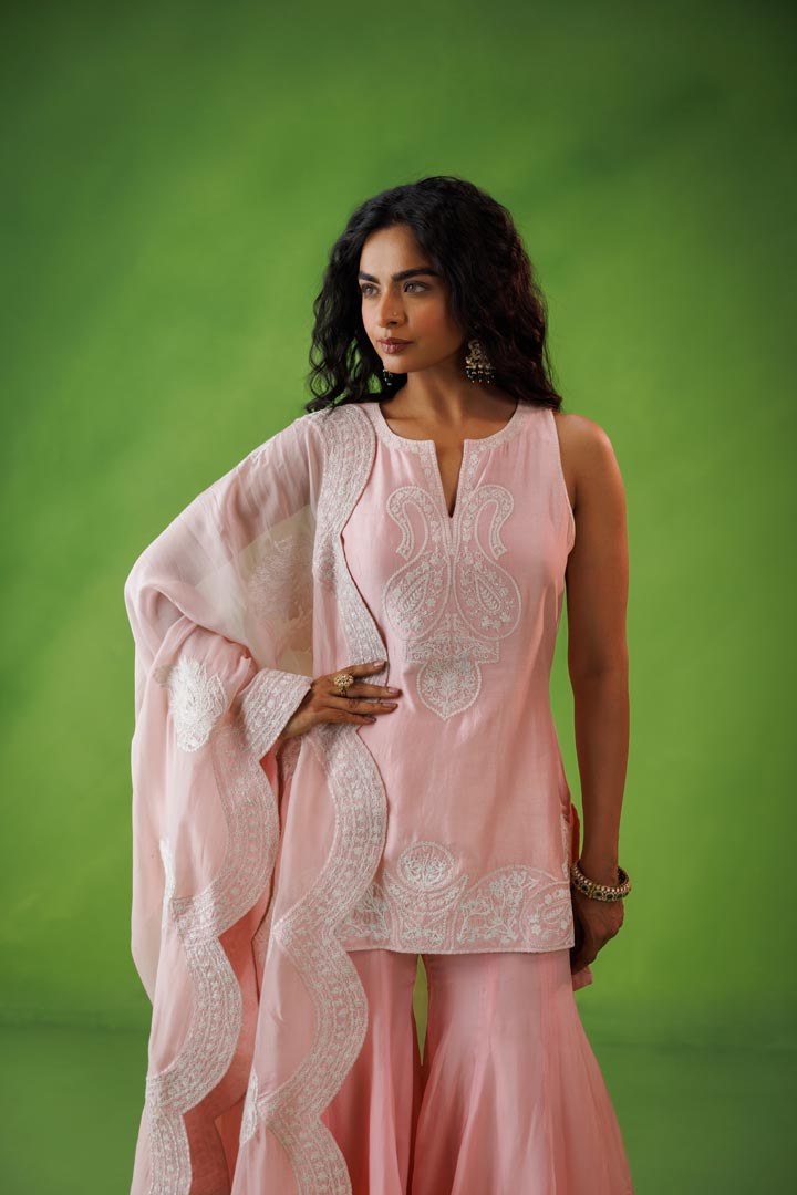 Baby pink flared sharara set